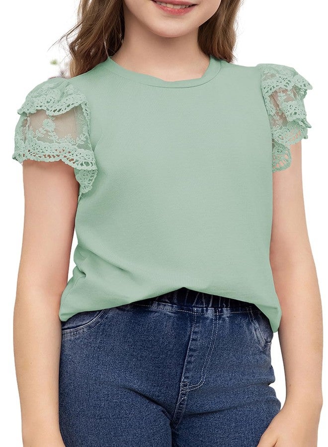 blibean Junior Girl Shirts Youth Kid Girls Blouse Summer Short Sleeve Flowy Dress Tops Fashion Casual Dressy Clothes Fancy Solid Blouse Size 8-9 Year Old Light Green - Image 1